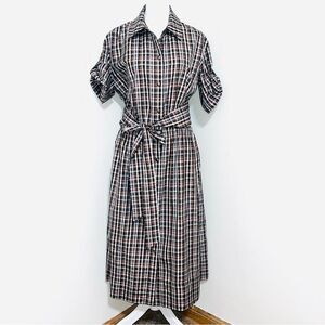 WORTH Ladies Button Down Plaid Short Sleeve Dress Belted Brown White Y2K SZ 8